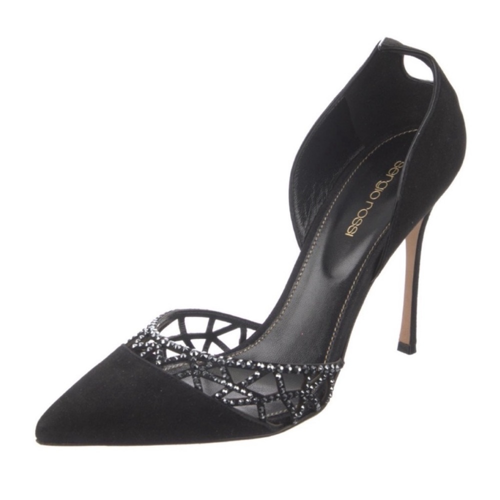 Sergio Rossi Black Suede Laser Cut Crystal Trimmed High Heel D'orsay Pumps 39